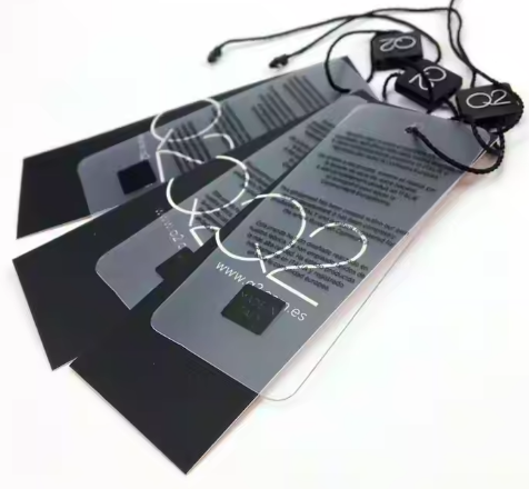High quality transparent hangtag, plastic PVC hangtag, label hangtag